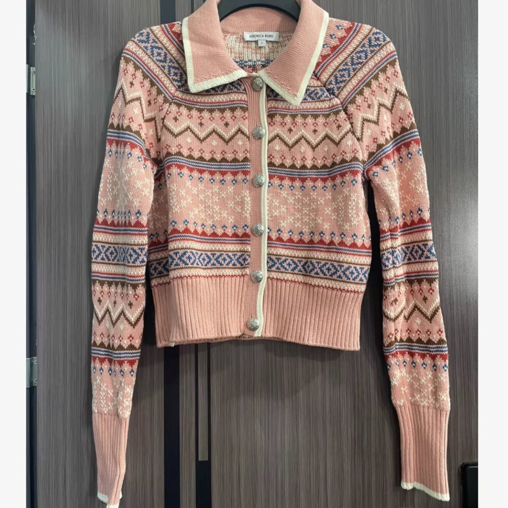 Veronica Beard Cheshire Intarsia Cardigan Rose Fair Isle Pink Knit Holiday - Picture 4 of 7